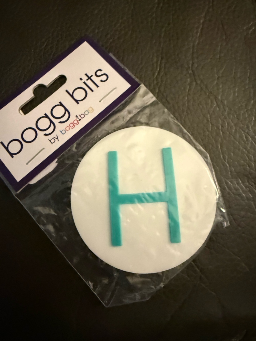 BOGG BAG White Round Bag Tag with Teal Letter H